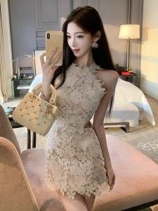 CHOUXIE | Beautiful Lace See-Through Halter Dress White Birthday Dress