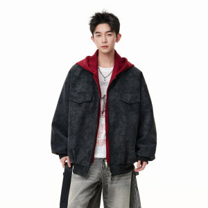 WUKONGYOUHUO | Retro Hooded PU Leather Jacket Patchwork Faux Two Pieces