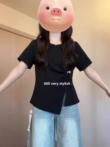 Slim Fit Asymmetric Short Sleeve T-Shirt Women Summer 2025 New plus Size Conceal Belly Loss Weight Black Waist Shaping Top