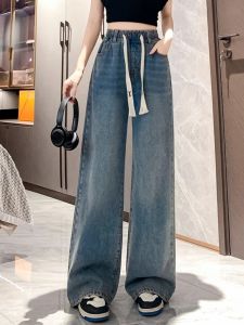 plus Size Womens Straight Leg Jeans Spring Autumn High Waist Wide Leg Pants Loose Fit Slimming Elastic Waist Corduroy