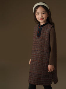 Hacikis Childrens Winter Dress Casual Plaid Wool Blend Skirt Girls Retro Gingham Print Sleeveless round Neck Dress