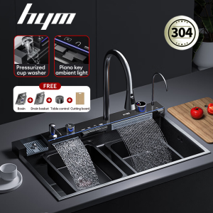 HYM 304 Stainless Steel for Kitchen Sink Complete Set Household Advanced Sink Waterfall Sink Heavy Duty With Faucet Set