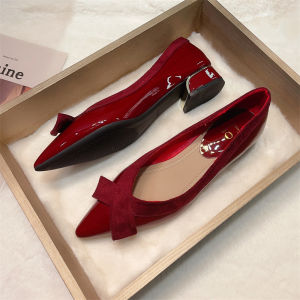 รองเท้าแต่งงานสีแดงสำหรับผู้หญิง ทรงหัวแหลม ทรงหัวมน รองเท้าส้นหนา รองเท้าส้นกลาง รองเท้าแฟชั่นฤดูใบไม้ผลิ รองเท้าแต่งงานไม่เจ็บเท้า รองเท้าแต่งงาน