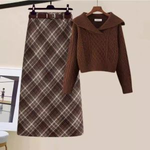 YINGKETUO | Slim Fit Elegance Plus Size Knit Sweater and Plaid Skirt Two-Piece Set