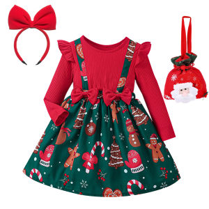 2026 New Year Dress For Baby Girls Autumn Long Sleeve Princess Dress Kids Red Patchwork Xmas Gift Deer Print Christmas Dresses