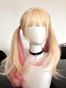 Platinum Gradient Pink Highlighted Wig Big Curl Princess Lolita Long Hair Full Head Cover Simulation Hair for Ladies