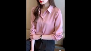 Korean Style Long Sleeve Blouse Plain Polo Neck Loose Shirt For Women Tops