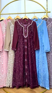Gamis Brokat Payet Mewah Maudy Dres Ceruty Babydoll Mix Brukat Garden Aplikasi Mutiara Swaroski M L XL XXL 3XL Dress Kondangan Wanita Jumbo Elegan Baju Muslim Remaja Kekinian Warna Burgundy Hitam Dusty Mocca Denim Plum