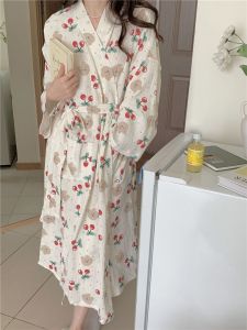 Japanese Style Summer Womens Sleep Robe Cotton Gauze Peach Print Kimono Nightgown Long Sleeve mid Length V Neck Home Wear