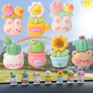 【WOKEN】7PCS Kawaii Mini Flowerpot Car Ornaments Dashboard Rearview Mirror Decoration Simulation Cactus Sunflower Potted Resin Statue Car Interior Accessories