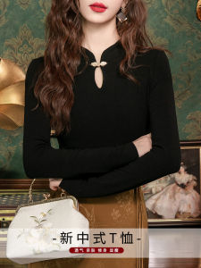 New Chinese Style Button up Long Sleeve Black Base Shirt Womens Inner Wear Spring Summer New Style National Trend Stand Collar T-Shirt
