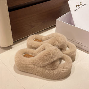 Womens Thick Bottom Platform Slip-On Shoes Fur Slippers Fall Winter High Sensation Cotton Slippers Comfortable Breathable Casual