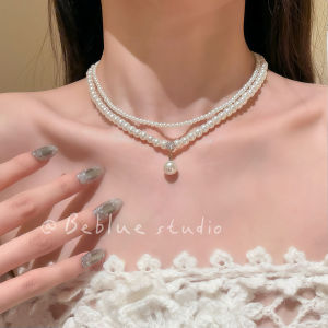 Double Layer Pearl Necklace Womens Fashion Jewelry Luxury Minimalist Choker Clavicle Chain French Vintage Style BEBLUE