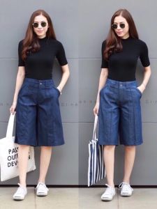 กางเกงสามส่วนผู้หญิง กางเกงขา3ส่วนผ้ายีนส์ฟอก