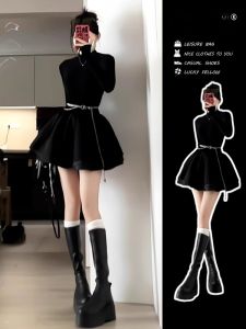 French Waist Princess Style Pettiskirt Black Long Sleeves Dress Fancy Slim Looking Elegant Hepburn Style Little Black Dress