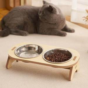Wood Pet Feeder Double Elevated Cat Food Bowl with Anti-Knockover Design Dog Water Feeding Container Cat Food Bowl