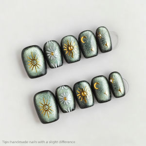 10pcs Handmade Dark Green Sun Moon Star Press on Nails Square Short Wearable Reusable Shiny Sweet False Nails 2026 for Dating