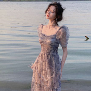 Elegant French Fairy Long Dress Bubble Sleeve Floral Print Summer Slimming Womens High Waist A-Line Dress Commute Simple Style