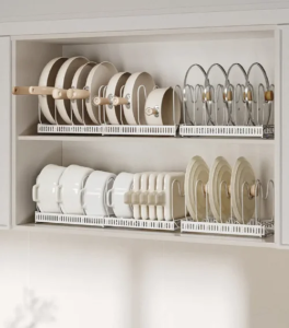 YUSHIJIA | Adjustable Extendable Snap Kitchen Storage Rack for Pots Pans Plates Bowls