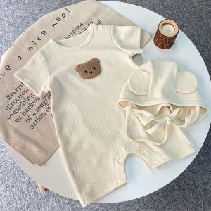 New In Summer Kids Baby Girls Boys Short Sleeve Waffle Patch Bear Infant Newborn Jumpsuits Cotton Romper Gift Hat with Ear