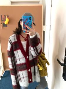 Christmas Party College Vintage Faux Fur Lazy Color Block White Sweater Open Cardigan Knitted Thickened Long Sleeve Womens Fashion