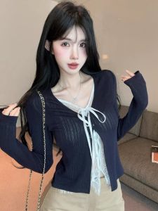 GUZILIAN | Slim Fit Knitted Long Sleeve V Neck T Shirt Lace Patchwork Fake Two Piece Early Autumn Pure Desire Sweet Spicy Girl Cardigan Top