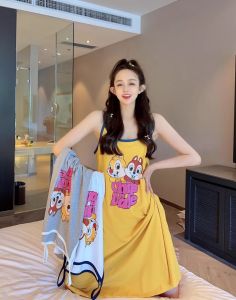 Korean Style Summer Sweet Cute Comfortable Cartoon Squirrel Womens Slip Dress Loose Casual Sleepwear Dress with Strap