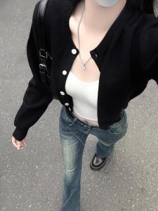 เสื้อสเวตเตอร์ถักแขนยาวสีดำ เสื้อคลุมกันหนาวแบบสั้นสำหรับผู้หญิง แฟชั่นฤดูใบไม้ร่วง ดีไซน์สบายๆ คอกลม ปกติ