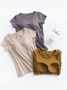 Modal Cotton Pajamas Womens Summer Short-Sleeved T-shirt with Chest Pad Single Blouse Bra New Outdoor Bra-Free Home Wear