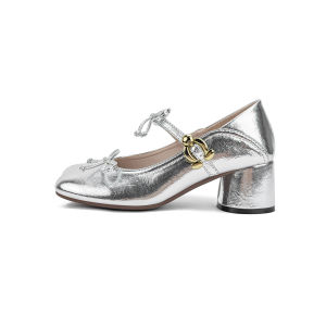 2025 New Fall Versatile Silver Ballet Bow Block Heels