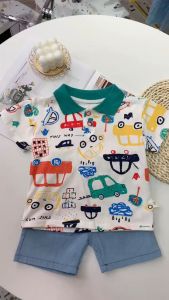 Pakaian anak-anak pakaian anak usia 0-4 tahun Kaos Kerah Mobil Kartun Full Print Lengan Pendek Celana pendek denim Kartun gaya seni lucu musim panas set dua potong baru