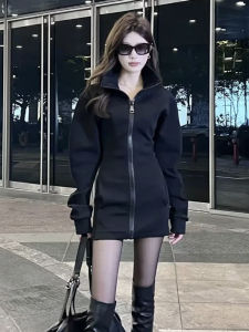 American Style Fashionable Long Sleeve Zipper Stand Collar Dress Womens Autumn Winter New Waist Cinching Slimming Short Skirt
