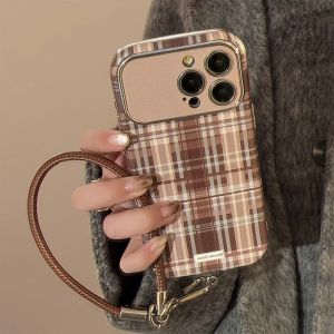 💯【Phone Case】+FREE Shipping 💯 Retro Milk Tea Brown Grid Pattern Leather texture Big Window Phone Case for iPhone 16 15 14 13 12 11 Pro Max 15 16 Plus Shockproof Cover
