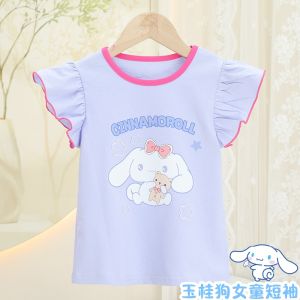 Cotton Breathable Short Sleeve T-Shirt for Girls Cute Flying Sleeve Big Ear Dog Pattern Childrens Clothing Spring Summer Kids