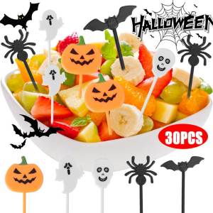 【🔥ฮาโลวีนร้อน10/30ชิ้นพลาสติกฮาโลวีนอุปกรณ์จัดงานปาร์ตี้ฮาโลวีนส้อมผลไม้ฟักทองของหวานค็อกเทลตกแต่งหน้าเค้ก