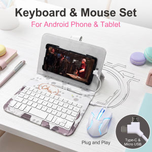 Wired Keyboard and Mouse Set with Leather Case OTG Compatible for Android Phone Small Tablet