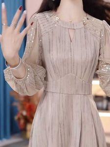 Elegant French Style Long Sleeve Women's Dress Slimming Waist Design Ladylike Commute A-Line Skirt Polyester Fiber