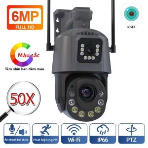 Camera An Ninh Wifi PTZ 6MP Ống Kính Kép Ngoài Trời Với Zoom Quang Học 30X 50X Phát Hiện Chuyển Động Người Tầm Nhìn Ban Đêm Màu Sắc Giám Sát Video