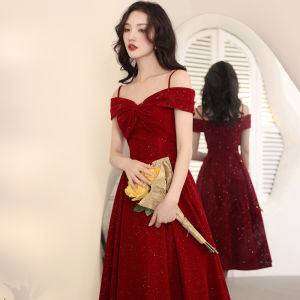 Red Dress for Women Banquet Temperament Small Slim Looking Accessible Luxury off-Shoulder Spaghetti Straps Mid Length Long Length Bride Evening Gown