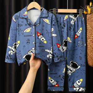 Spring Autumn Thin Long Sleeve Childrens Sleepwear Cartoon Astronaut Boys Home Clothes Set Polyester Fiber Home Clothes