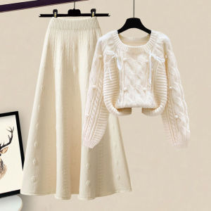 NUMEN BUTTON Spirit Buckle Womens Autumn Winter Two-Piece Set: Warm Milk Design Knitted Sweater and Half Skirt