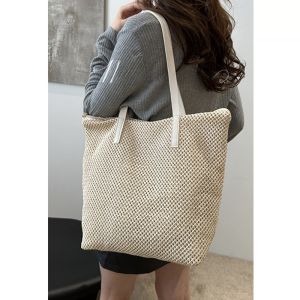 กระเป๋าถือทรงถุงผ้าไนลอนขนาดใหญ่สำหรับผู้หญิง กระเป๋าถือแบบสะพายไหล่ กระเป๋าถือแบบถักสไตล์ฝรั่งเศส กระเป๋าถือแบบลำลองสำหรับวันหยุด