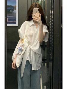 YUEZHONGWEI | French Knot White Short Sleeve Womens Shirt Summer Design Sense Waist Cinched Shirt Top Asymmetrical Banded Commute Style