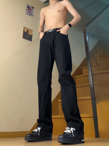 Mỹ Retro Màu Xanh Cao Vòng Eo Mềm Quần Jean Nam Thời Trang Chân Thẳng Quần Mùa Thu Thời Trang Micro Flare Straight Cut Denim Quần Jean