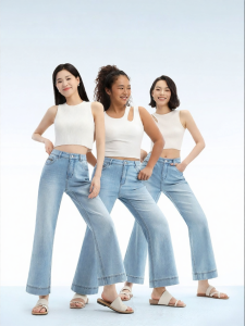 HIPPIE MISS | Hip Style Flared Denim Trousers 3/4 Length
