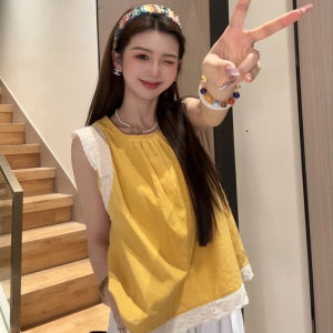 YUEZHONGWEI | French Lace Trim Blue Vest Women Summer Outdoor Loose Doll Shirt Sleeveless Top Commute Style Regular Thickness Single Piece