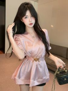 GUZILIAN | Elegant V-neck Commute Top Womens Loose Fit Design Sensation Korean Style Slimming Mid-length Shirt Summer Fashion