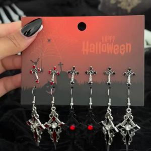 Salircon 6Pcs/set Vintage Gothic Oil Dripping Cross Drop Earring Women 2025 Creative Halloween Party Earring Jewelry Accessories