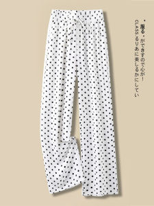 Summer Polka Dot Wide Leg Pants Womens Thin Ice Silk Drape High Waist Straight Flower Pants Casual Trousers Polyester Fiber