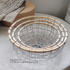 Hộp Đựng Đồ Trang Trí Bàn Bằng Sắt Phong Cách Scandinavia Tròn Đựng Đồ Ăn Nhẹ Bánh Mì Trái Cây Hộp Đựng Đồ Bằng Rơm Dệt